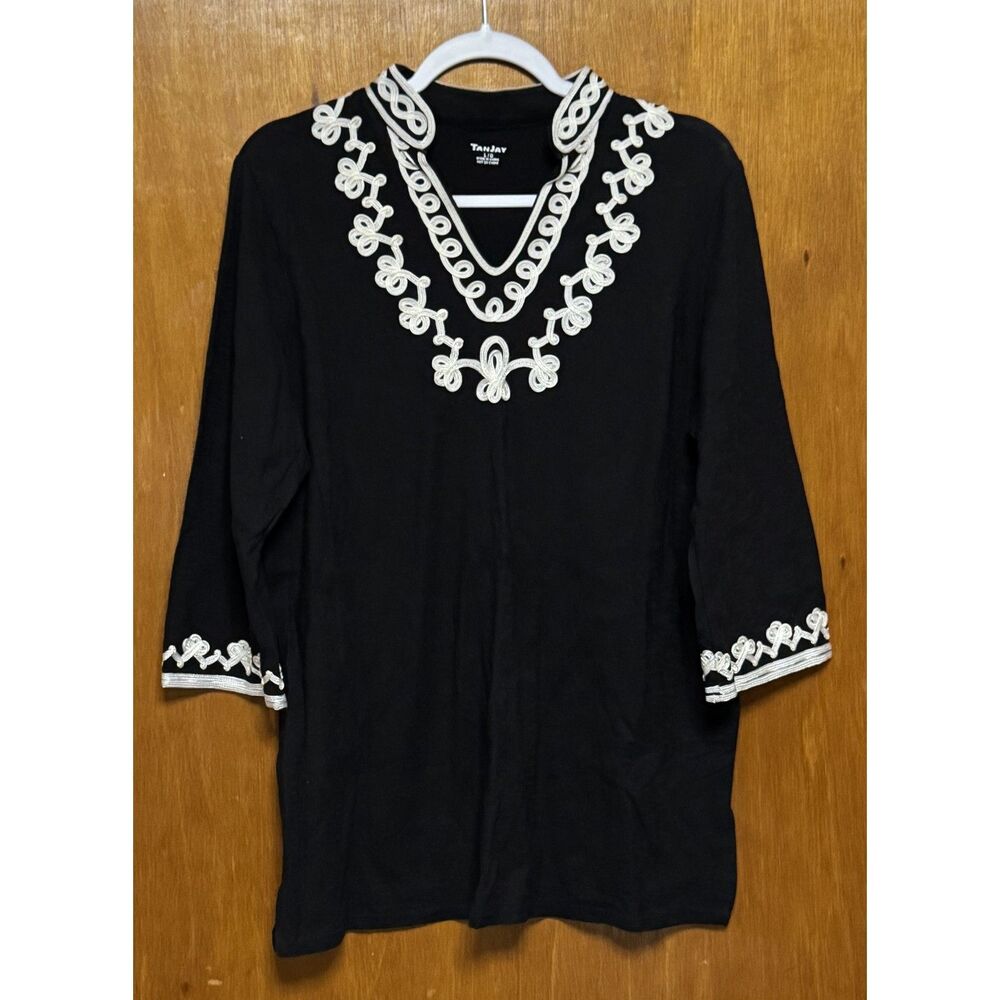 TanJay Black Embroidered Top Women’s Large Cotton V-Neck 3/4 Sleeve Boho Blouse